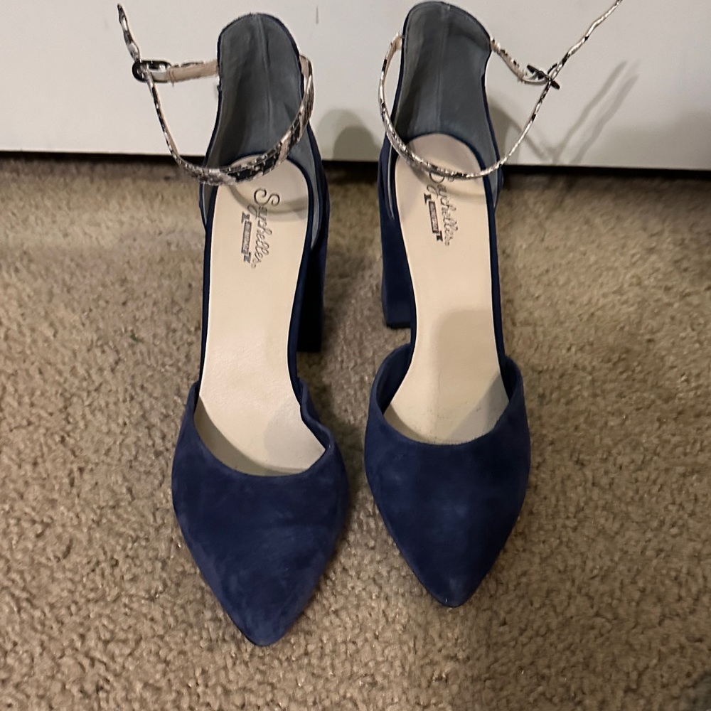 Seychelles Blue Heels with Snakeskin Strap